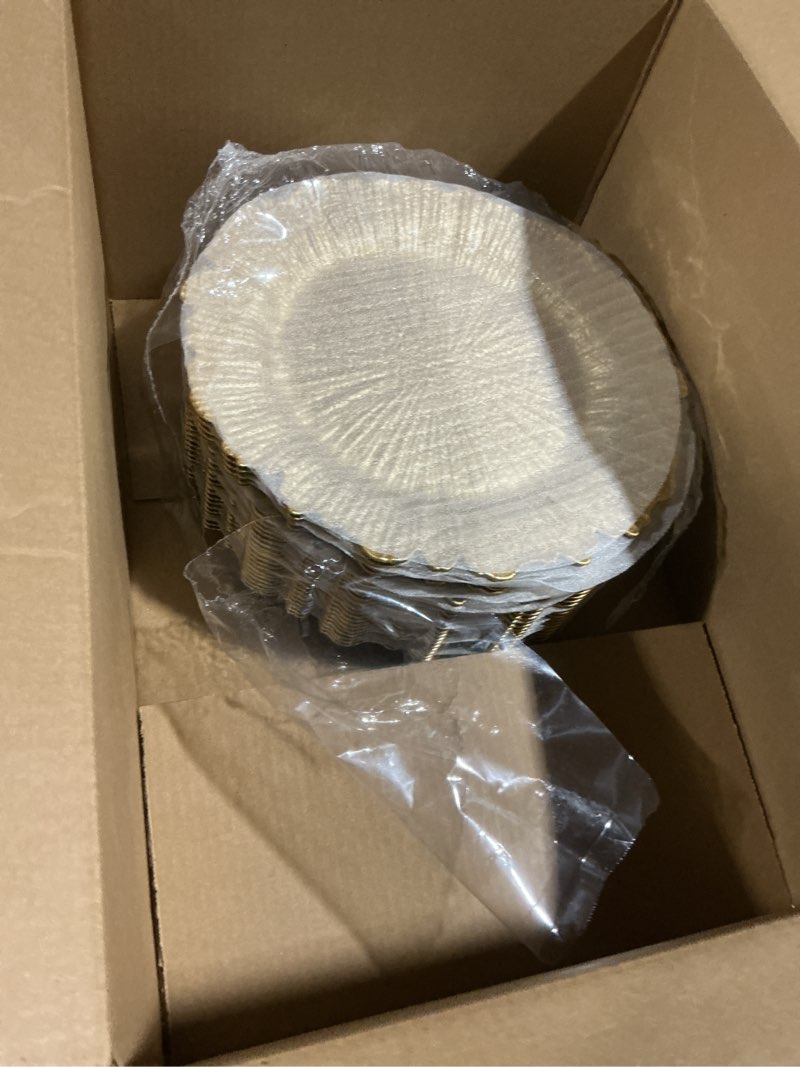 Condition photo showing Good Condition for MAONAME 13" Gold Charger Plates Set of 50, Reef Plate Charger Bulk, Round Chargers for Dinner Plates, Plastic Table Chargers for Wedding Decor 50 Gold