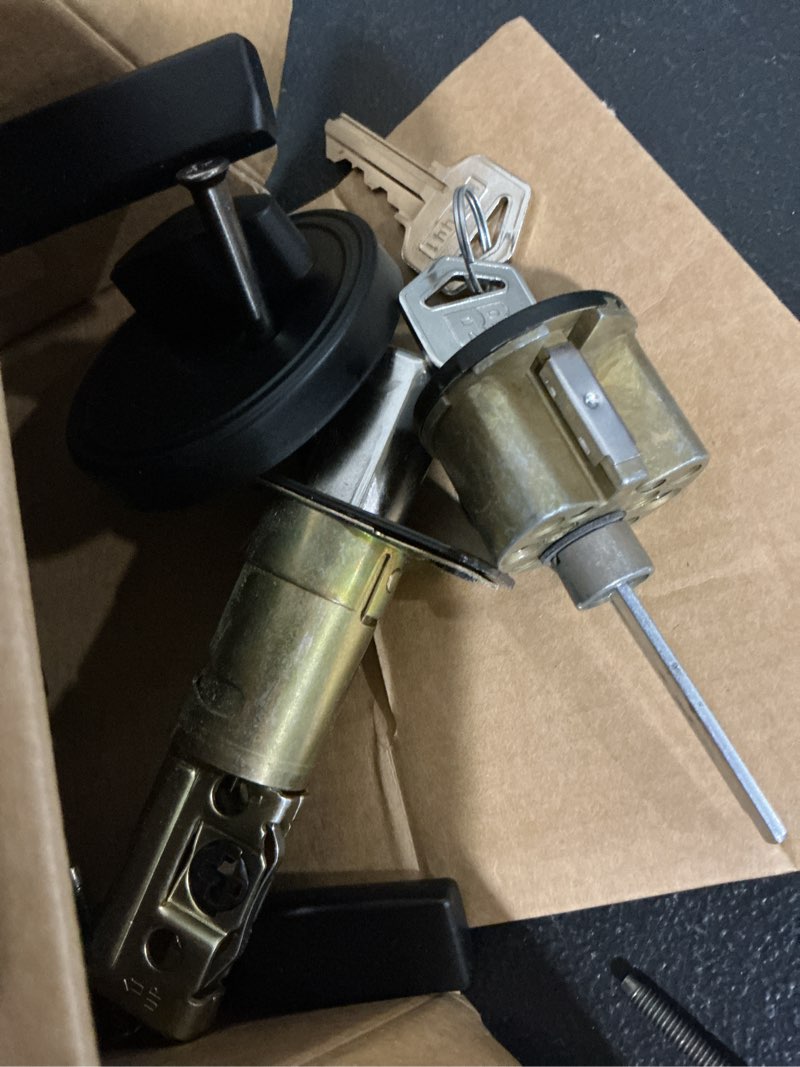 Condition photo showing As Is for reliabilt dallas matte black exterior single-cylinder deadbolt and combined door handle