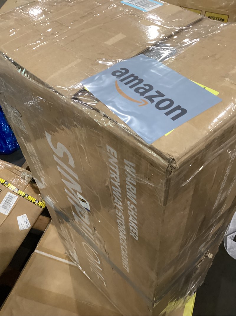 Condition photo showing As Is for Damaged parts *SIMPLIHOME Warm Shaker Storage Cabinet - 36 inch Wide Solid Wood 2-Shelf Entryway Storage Cabinet in Light Golden Brown, Transitional Accent Cabinet for Entryway with Drawers and Adjustable Shelves Flat Panel Light Golden Brown 36 inch