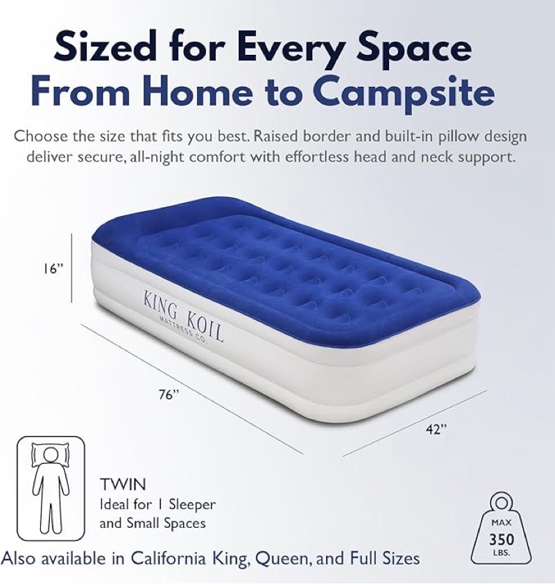 king koil luxury twin air mattress with built-in high speed pump for camping, home & guests - twin size double high airbed luxury inflatable blow up mattress waterproof (1-year manufacturer warranty)
