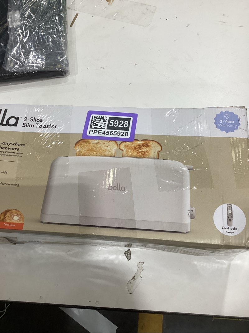 Condition photo showing Good Condition for bella 2 Slice Slim Toaster, Fits-anywhere™ Kitchenware, 6 Setting Shade Control with Reheat & Cancel Buttons, Fits sourdough, 10” Long Slot, Anti Jam & Auto Shutoff, 900 Watt, Oatmilk 2 Slice Oatmilk