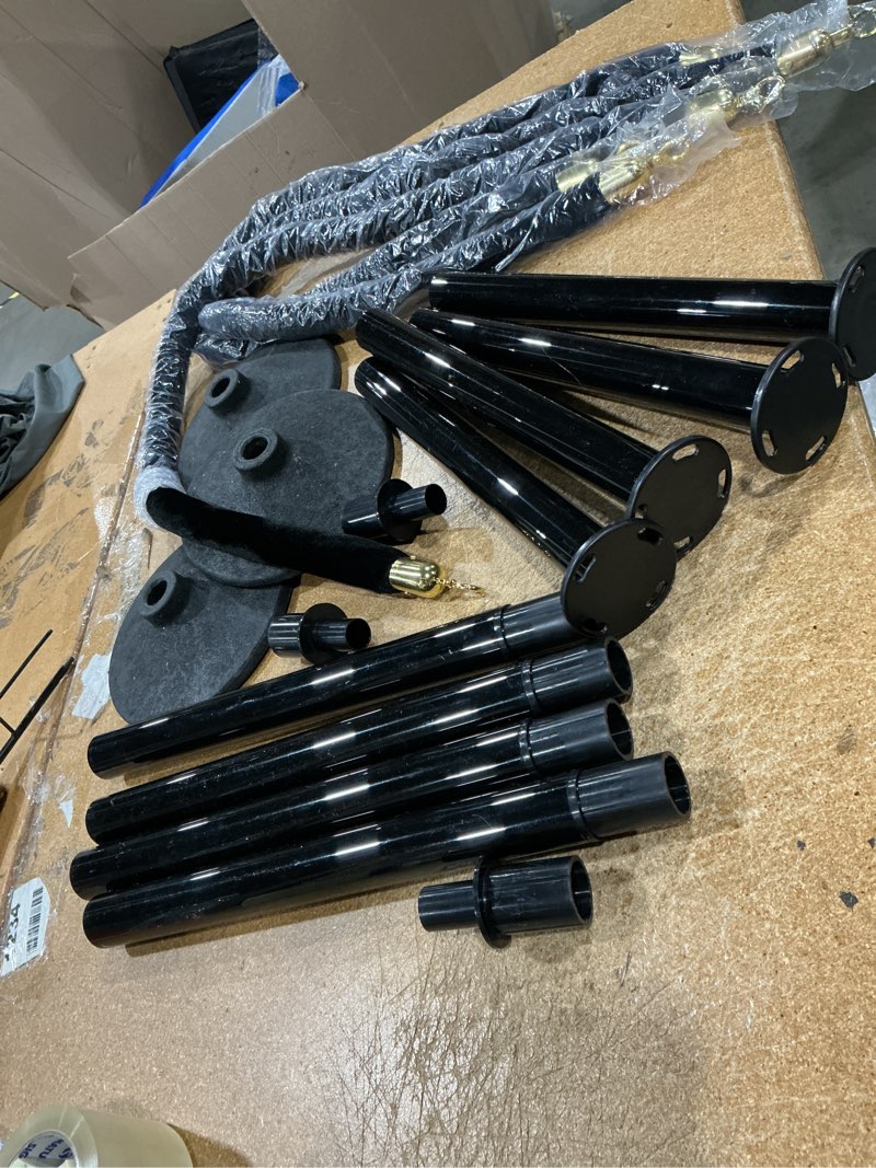 Condition photo showing As Is for battife 4 pack plastic stanchion posts, 3 black velvet ropes, crowd control | rubber-plastic bases with 5-ft velvet ropes; stanchion stands for events, theaters, red carpets, parties, and queue lines. 33.8inch black 4