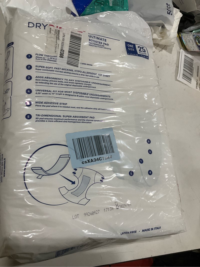 Condition photo showing Good Condition for dry direct ultimate incontinence booster pads, adds 3 cups extra absorbency to adult diapers, super soft, adhesive strip backing, unisex (pack of 25 pads)
