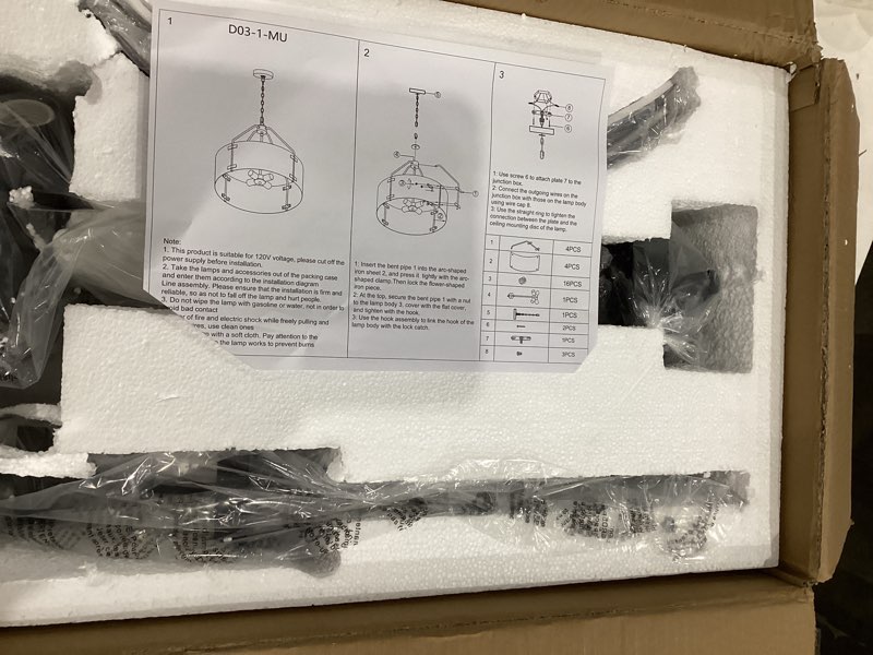 Condition photo showing New/Like New for Espird Farmhouse Drum Chandelier, 4-Light, 22in Pendant Light Fixture with Chain, Kitchen Island Pendant Over Table, Rustic Industrial Chandelier for Dining Room, Bedroom, Living Room, Foyer