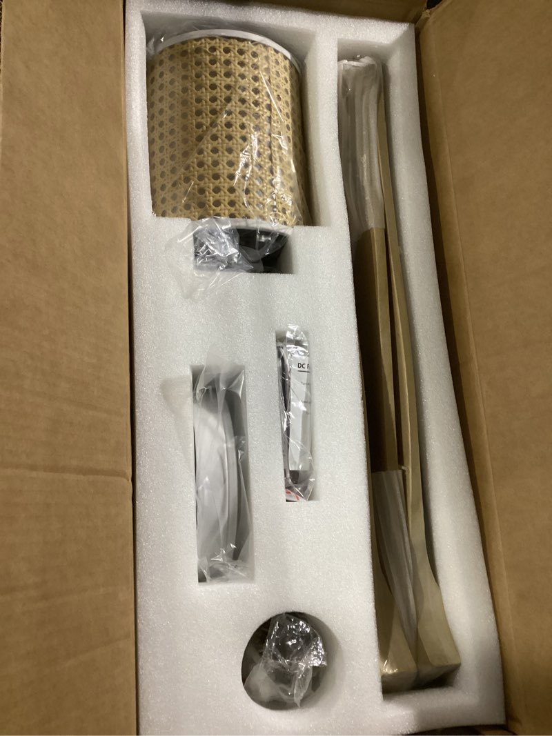 Condition photo showing New/Like New for wingbo 54 inch flush mount rattan ceiling fan, 3cct dimmable light, 5 carved wood blades, 6-speed reversible dc motor, modern ceiling fans for indoor, gloss white finish and oak blades white and oak 54"