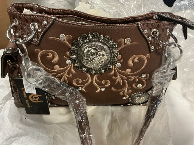 Condition photo showing Good Condition for rhinestones & studs cross handbag concealed carry purse motorcycle religious bag