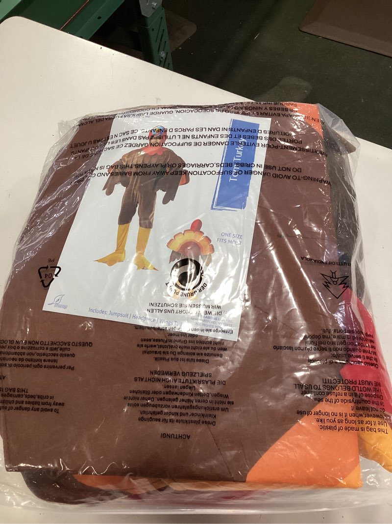 Condition photo showing As Is for Seasons Adult Turkey Costume Animal Thanksgiving Halloween Costume for Women and Men, One Size