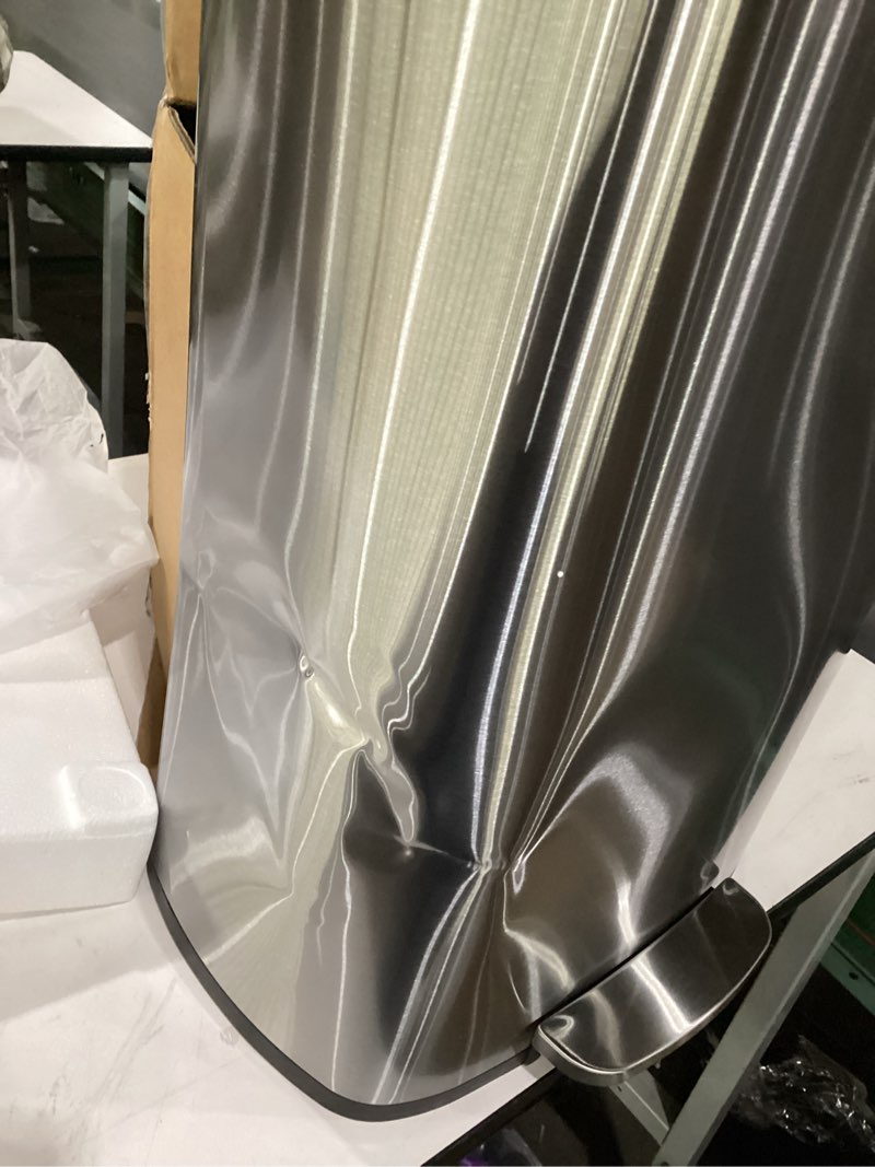 Condition photo showing As Is for Amazon Basics Smudge Resistant Rectangular Trash Can With Soft-Close Foot Pedal, Brushed Stainless Steel, 50L/13.2 Gal, 16.7x14.7x25.9 in, Satin Nickel Finish Satin Nickel Big, 50L/13.2 Gal