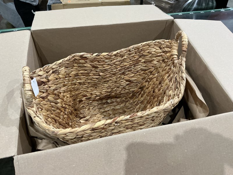 Condition photo showing New/Like New for deco 79 seagrass handmade decorative and functional storage basket large woven basket organizer with ring handles, basket for storage 20" x 18" x 19", brown 20" x 18" x 19" brown