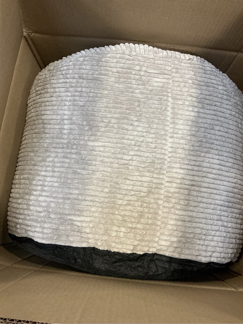 Condition photo showing Good Condition for HIGOGOGO Round Stuffed Pouf Ottoman, Corduroy Poufs with Foam Chunk Filling, Furry and Fluffy Pouf Foot Stool Storage Ottoman, 20 X 15 Floor Poufs Foot Rest for Living Room, Dark Grey 20 inch Dark Grey
