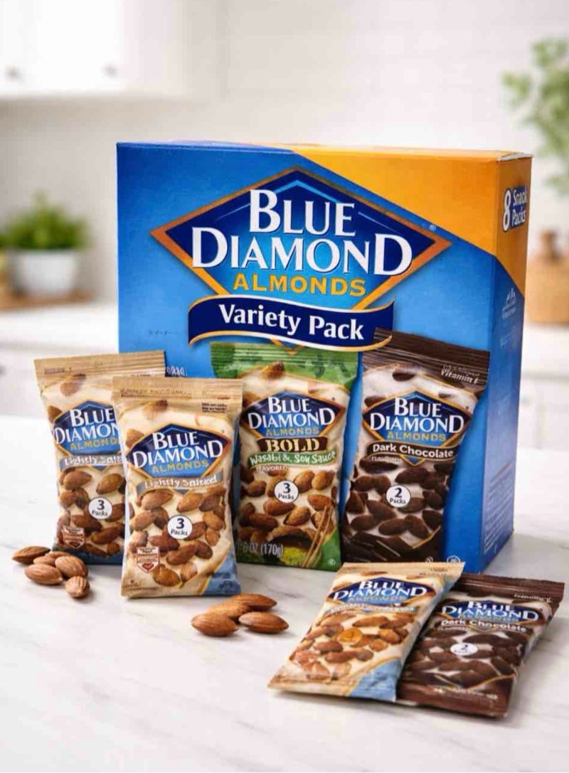 Blue Diamond Almonds Snack Nut Variety Pack for Kids, Office, School, On-the-go, 0.75 oz Gluten Free Individual Packs, Wasabi & Soy Sauce, Lightly Salted, and Dark Chocolate (Pack of 8) BB Jan 28,2026