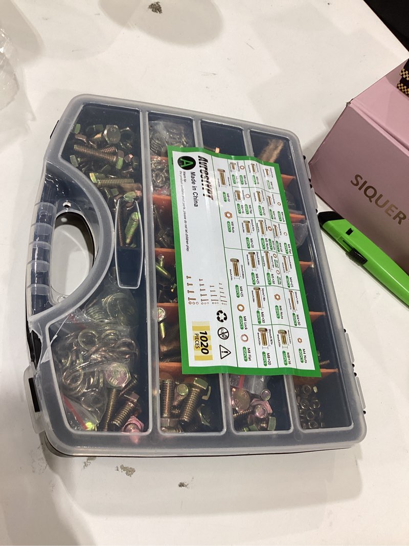 Condition photo showing As Is for 1020PCS Grade 8.8 Metric Bolt Assortment Kit -M4 M5 M6 M8 Heavy Duty Hex Bolts & Nuts with Washers,Yellow Zinc Plated(12-30mm), Automotive/Furniture Hardware,Assorted Metric Fasteners for DIY & Repair