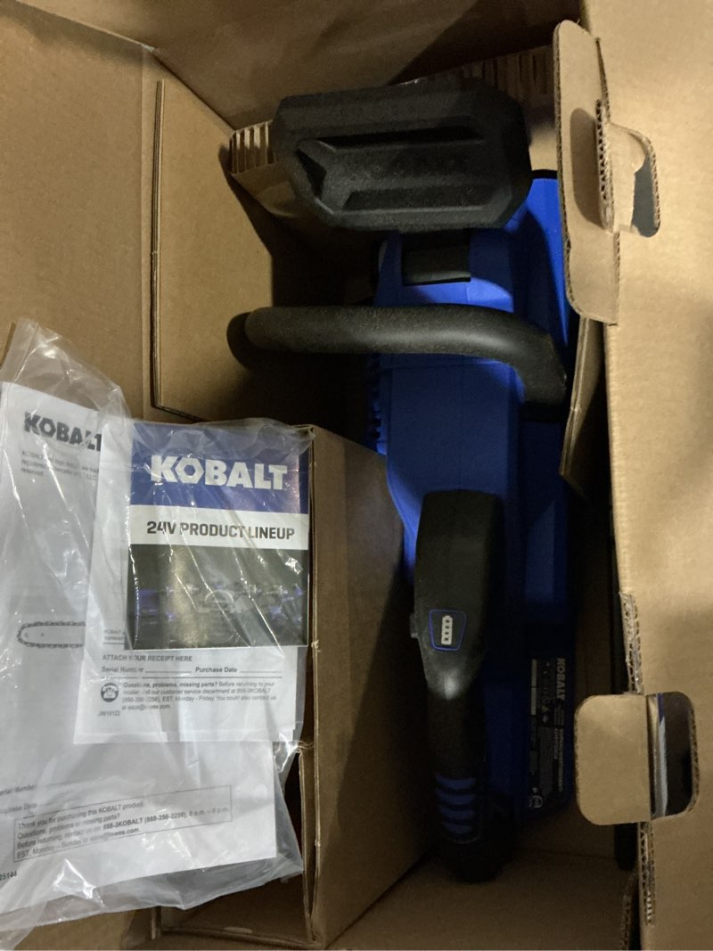 Condition photo showing As Is for kobalt 24v quiet tech brushless 12-in chainsaw starter kit 