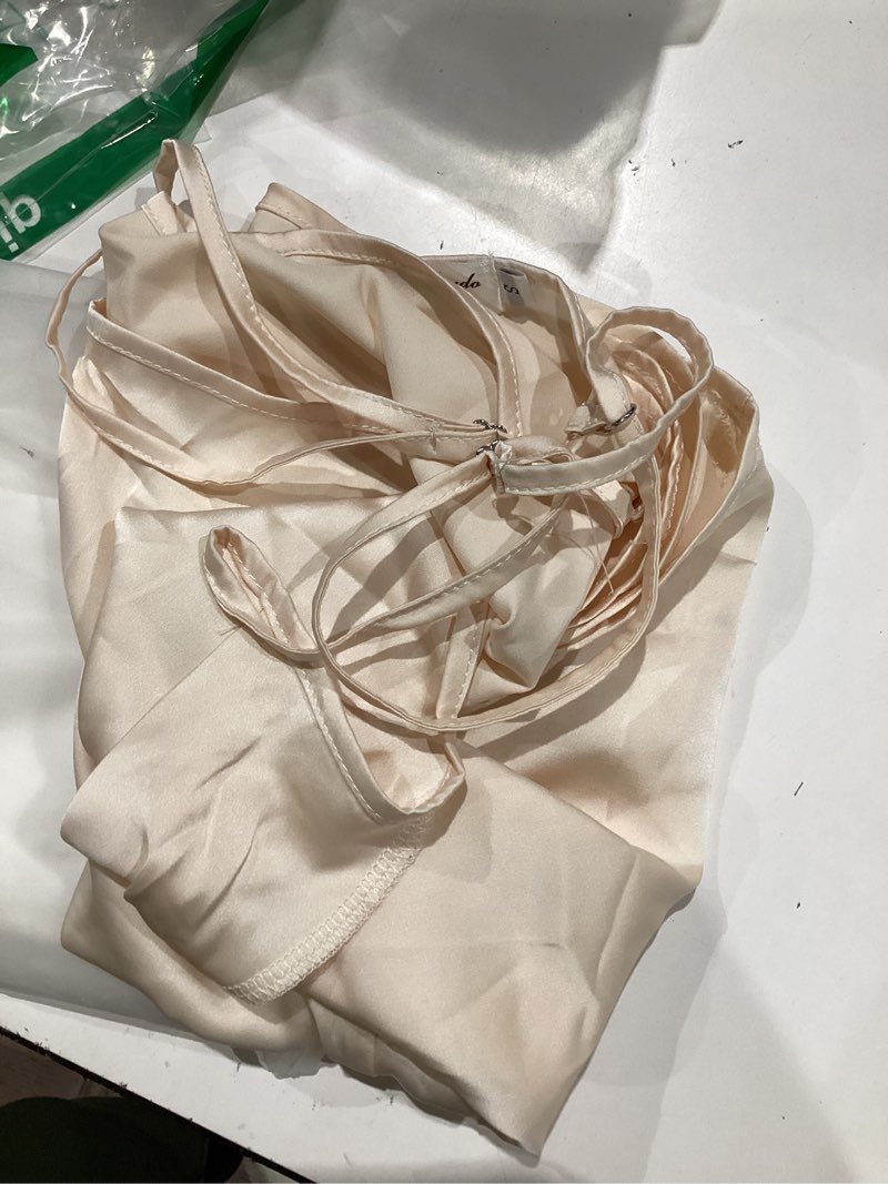 Condition photo showing Good Condition for silk sleeveless camisole tops cowl neck camis satin tank top loose fit spaghetti strap camisoles blouses light khaki champagne small