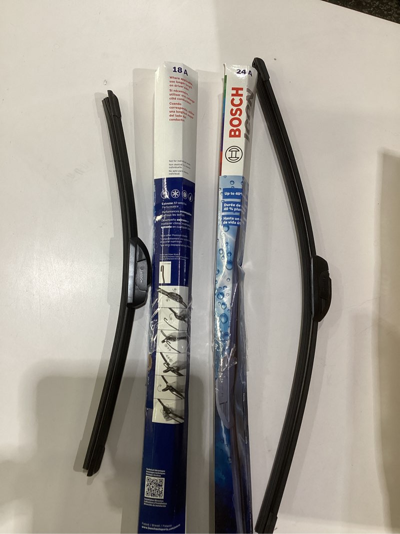 Condition photo showing As Is for bosch icon beam wiper blades - driver and passenger side - set of 2 blades (front (26a & 18a) icon combo pack (front), similar to stock photo,