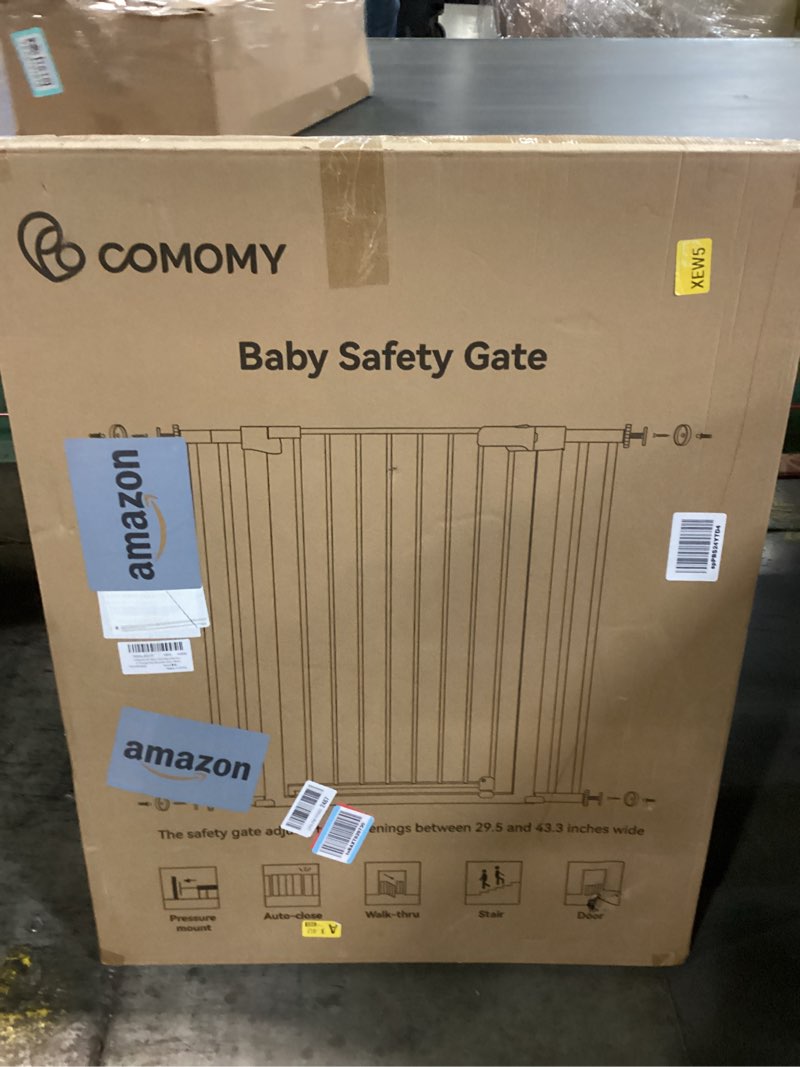 Condition photo showing New/Like New for COMOMY 36" Extra Tall Baby Gate for Stairs Doorways, Fits Openings 29.5" to 43.3" Wide, Auto Close Sturdy Safety Dog Gate for House, Pressure Mounted Easy Walk Through Pet Gate with Door, Black 36"Tall 43.3"Wide Black
