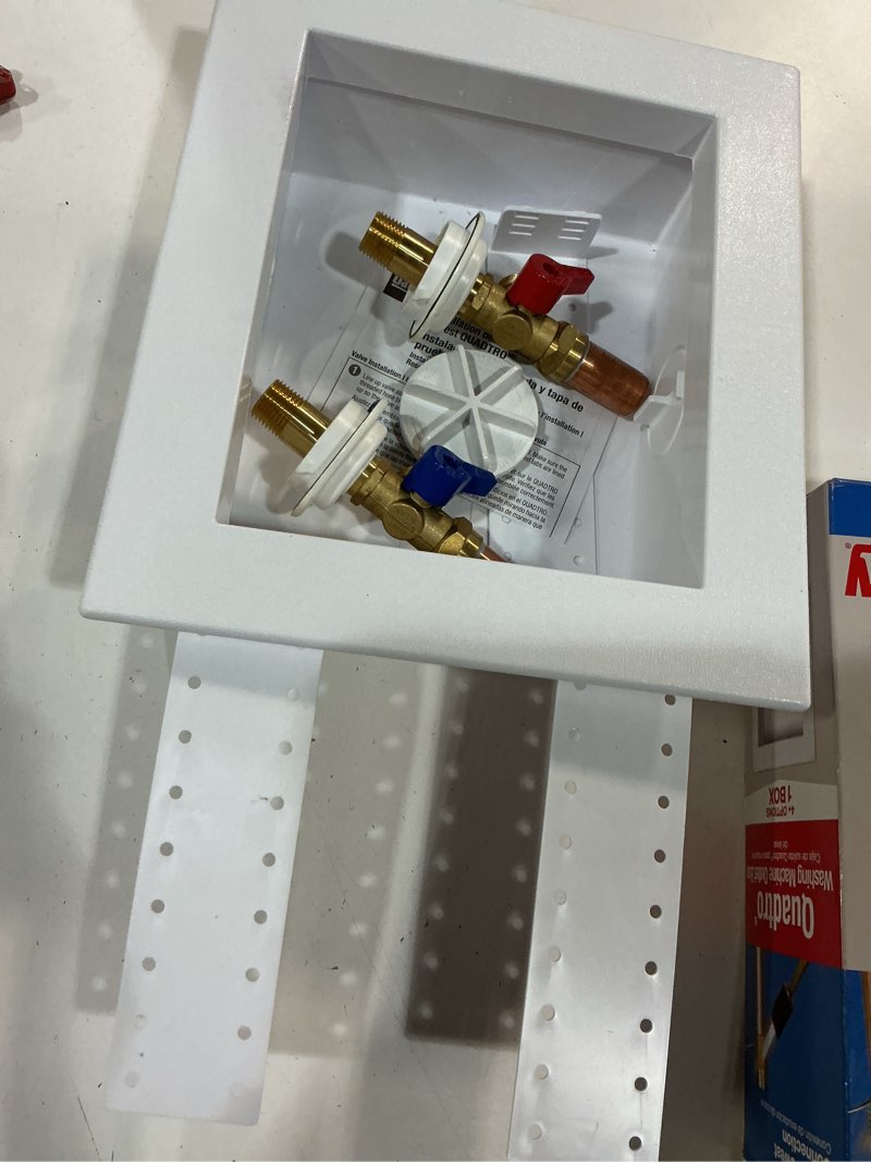 Condition photo showing As Is for oatey quadtro 1/2 in. copper sweat x 3/4 in. mht washing machine valves with outlet box and water hammer arresters