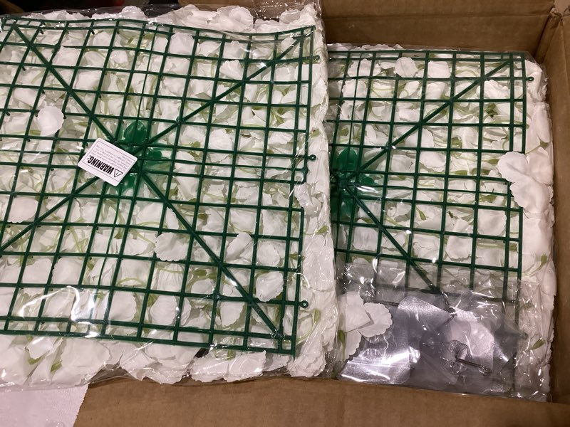 Condition photo showing New/Like New for Flower Wall Panels White Backdrop: Artificial Flower Wall Backdrop 5ft by 7.5ft Hydrangea Floral Wall for Wedding Party Decoration (24 Pcs 15 x 15 Inch)