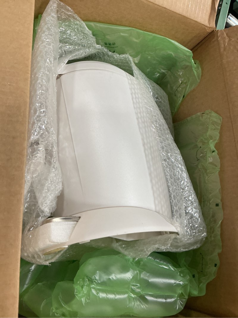 Condition photo showing As Is for simplehuman 6 liter / 1.6 gallon compact plastic round bathroom step trash can, white plastic white plastic trash can