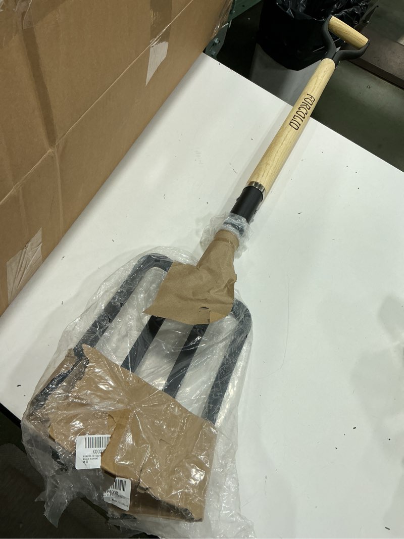 Condition photo showing As Is for FORCOLID Garden Fork, 4-Tine Spading Digging Fork, Pitch Fork-45Inch, Forged Steel Y-Grip, Wood Hand