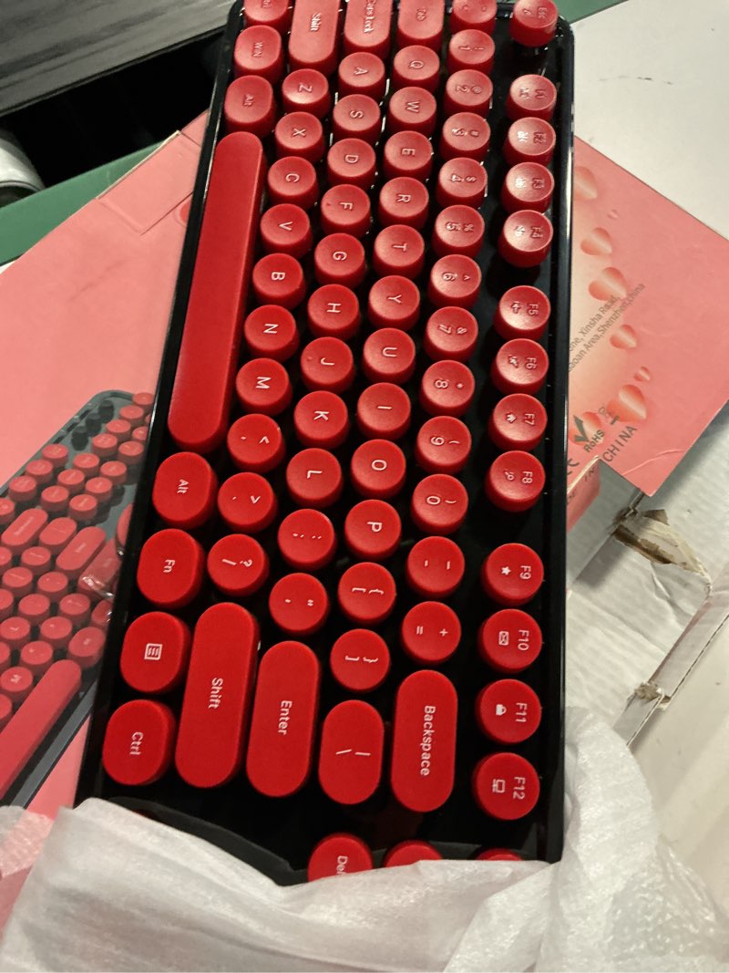 Condition photo showing Good Condition for wireless keyboard and mouse, coofun retro typewriter keyboard with round keycaps, full-size ergonomic, ideal for windows pc, home, office, and college black and red