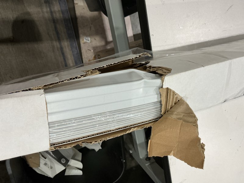 Condition photo showing As Is for project source 3.5-in slat width 104-in x 84-in cordless white vinyl room darkening vertical blinds