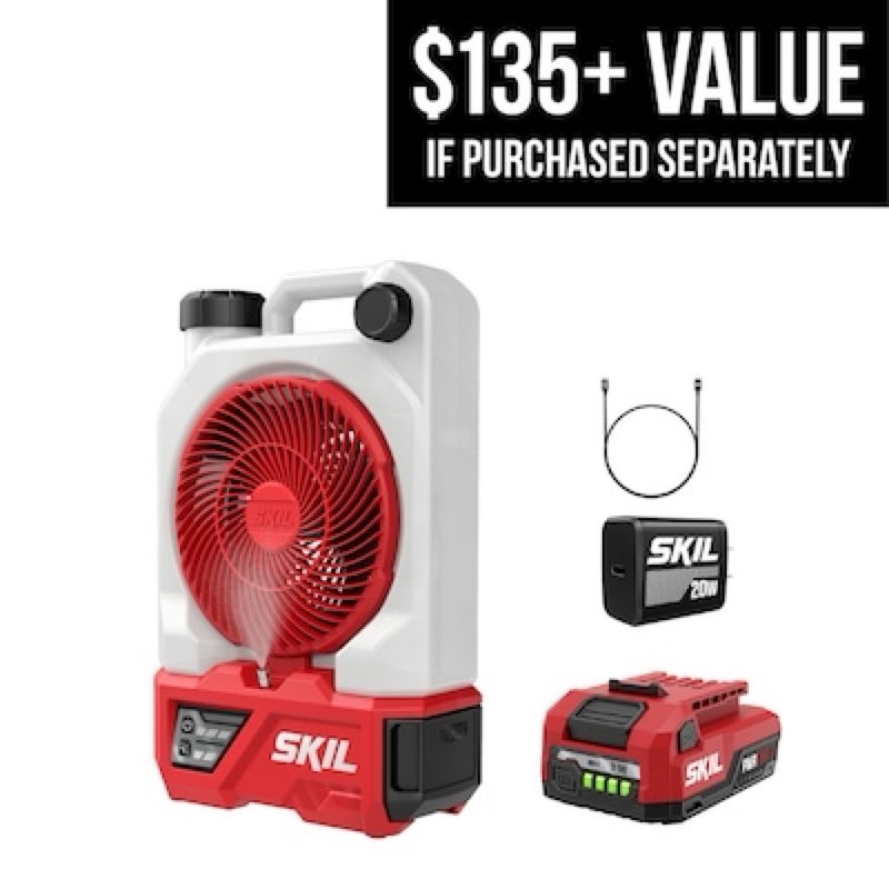 SKIL 7-in 12 -Volt Indoor/Outdoor Red Misting Personal Fan Battery Included Charger Included Item #6600785 | Model