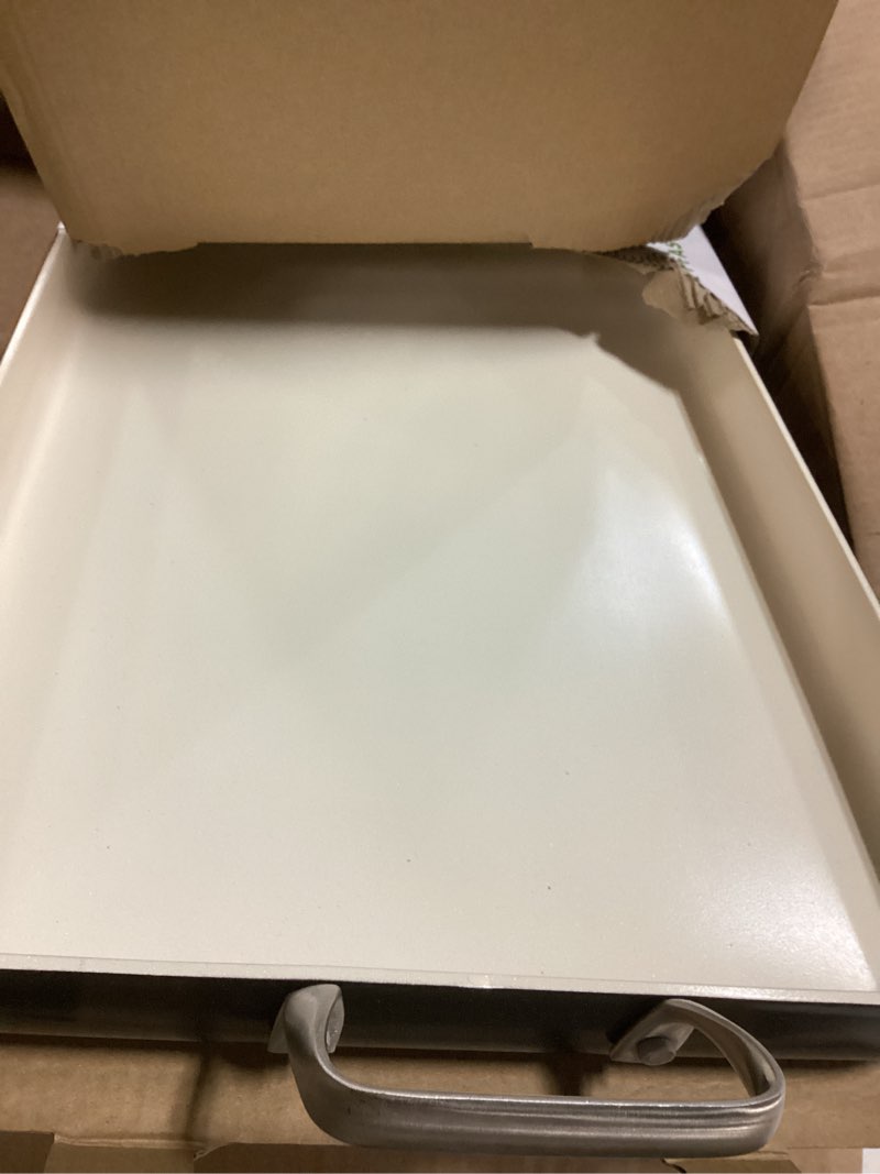 Condition photo showing Good Condition for greenpan 18" x 11" double burner griddle pan, hard anodized healthy ceramic nonstick pfas-free, stainless steel handles, stovetop cooking, dishwasher safe, oven & broiler safe cookware, black 18" x 11" x 2" black