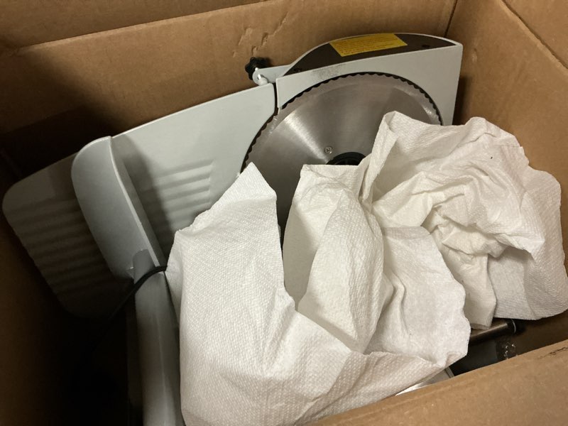 Condition photo showing As Is for meat slicer machine for home - 200w electric food slicer with 2 removable 7.5" stainless steel blades and tray, adjustable and child lock protection, slicer machine for meat bread