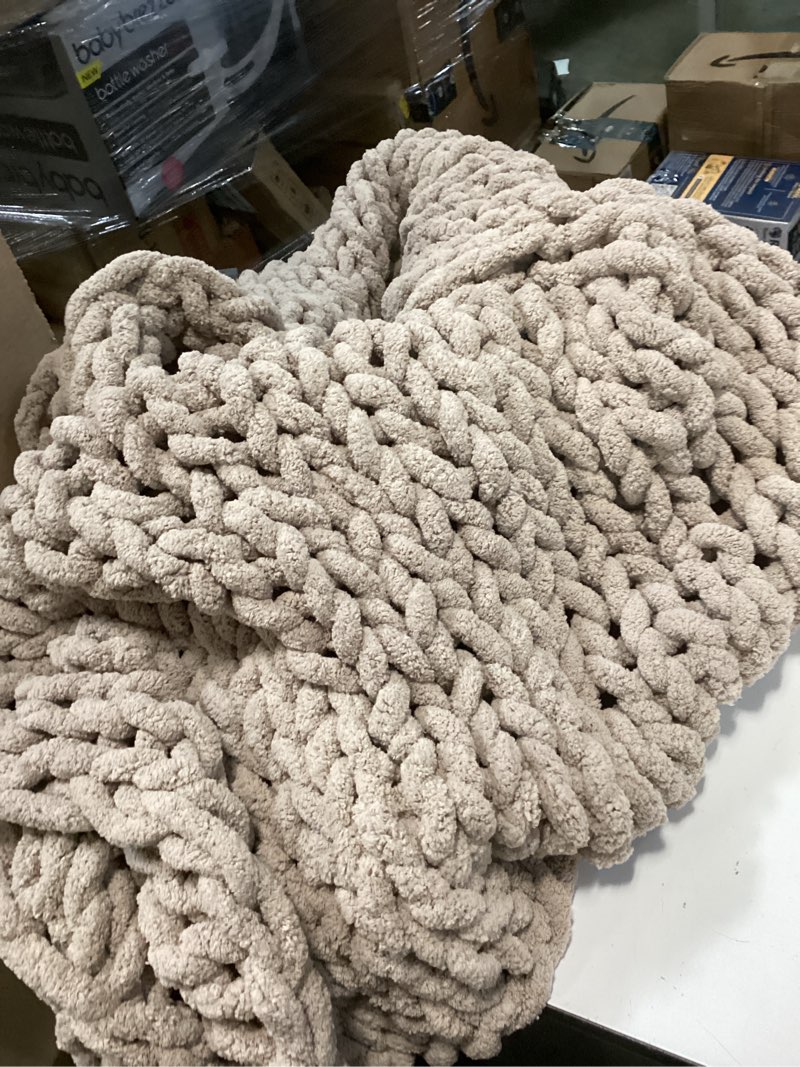 Condition photo showing As Is for Bigacogo Chunky Knit Throw Blanket for Couch, 51x63 inches, 100% Hand Knitted with Thick Jumbo Chenille Yarn, Cozy Soft Large Rope Knot Cable Crochet Blankets for Sofa Bed Living Room, Taupe Taupe With a Pinkish Undertone 51"x63" (Large Size Throw?