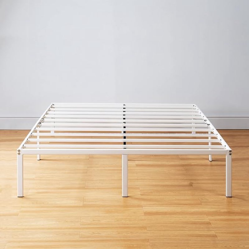  Metal Platform Bed Frame, Heavy Duty Steel Slats, White, Queen 