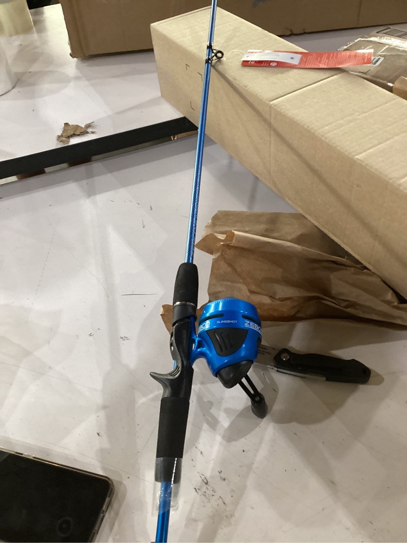 Condition photo showing As Is for top missing***zebco slingshot spincast reel and fishing rod combo, 2-piece fishing pole, right-hand retrieve, pre-spooled with 10-pound zebco line blue reel&fishing rod combo