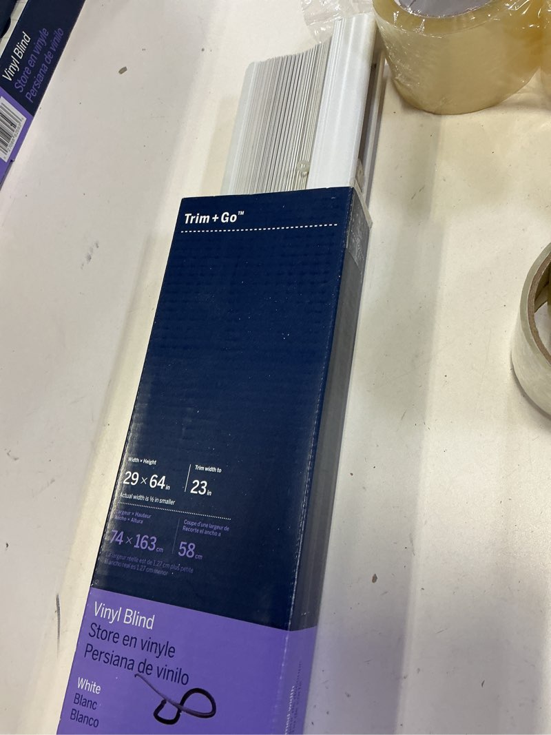 Condition photo showing As Is for 100+ bought last week levolor trim+go 1-in slat width 29-in x 64-in cordless white vinyl room darkening mini-blinds