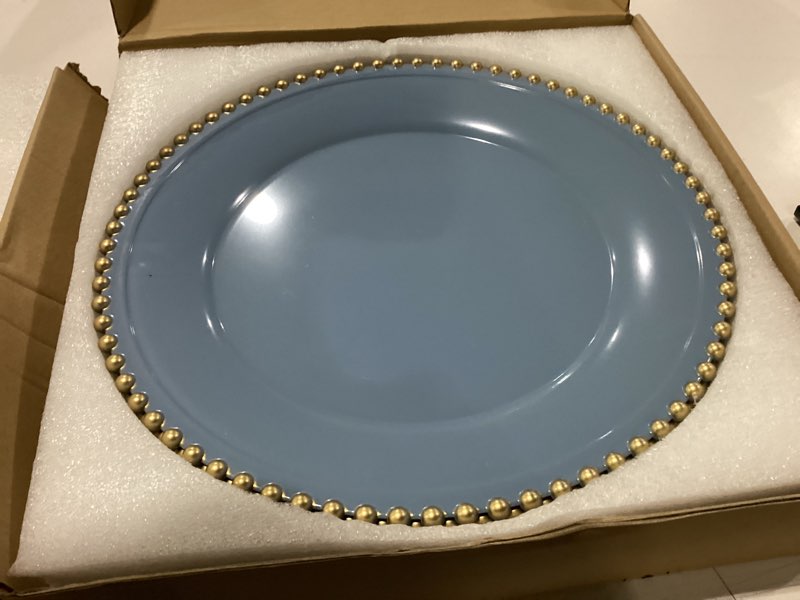 Condition photo showing Good Condition for blue beaded charger plates, 13 inch plastic round chargers for dinner plates, party, wedding, birthday.set of 6