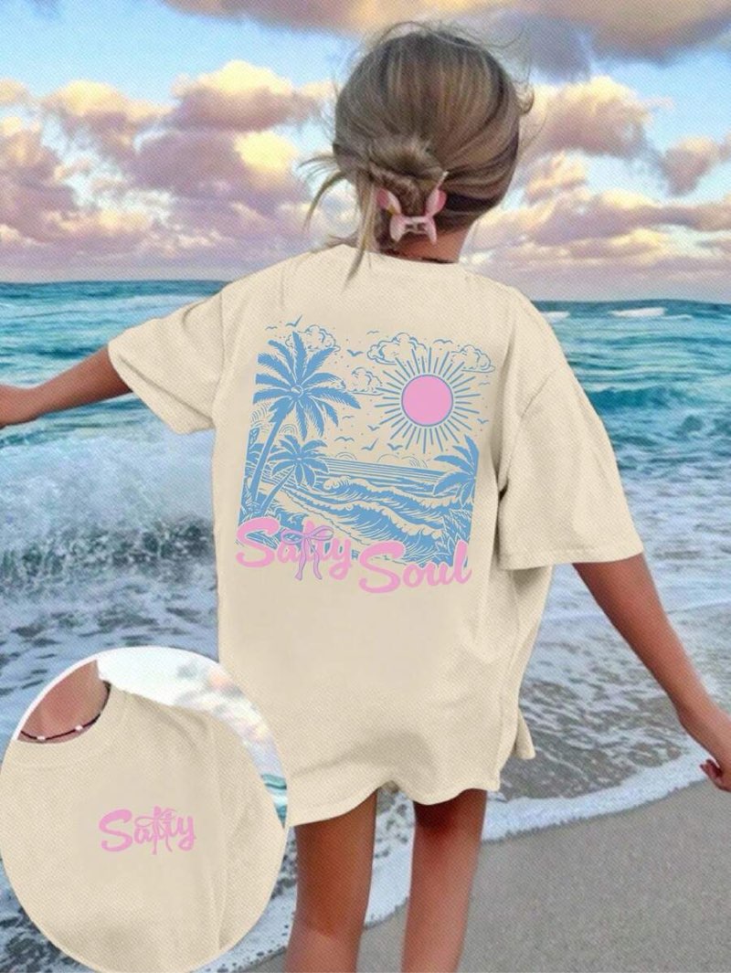 Tween Girls Salty Bow, Beach Sunrise Line Print Round Neck Loose Khaki Short Sleeve T-Shirt Beach T-Shirt