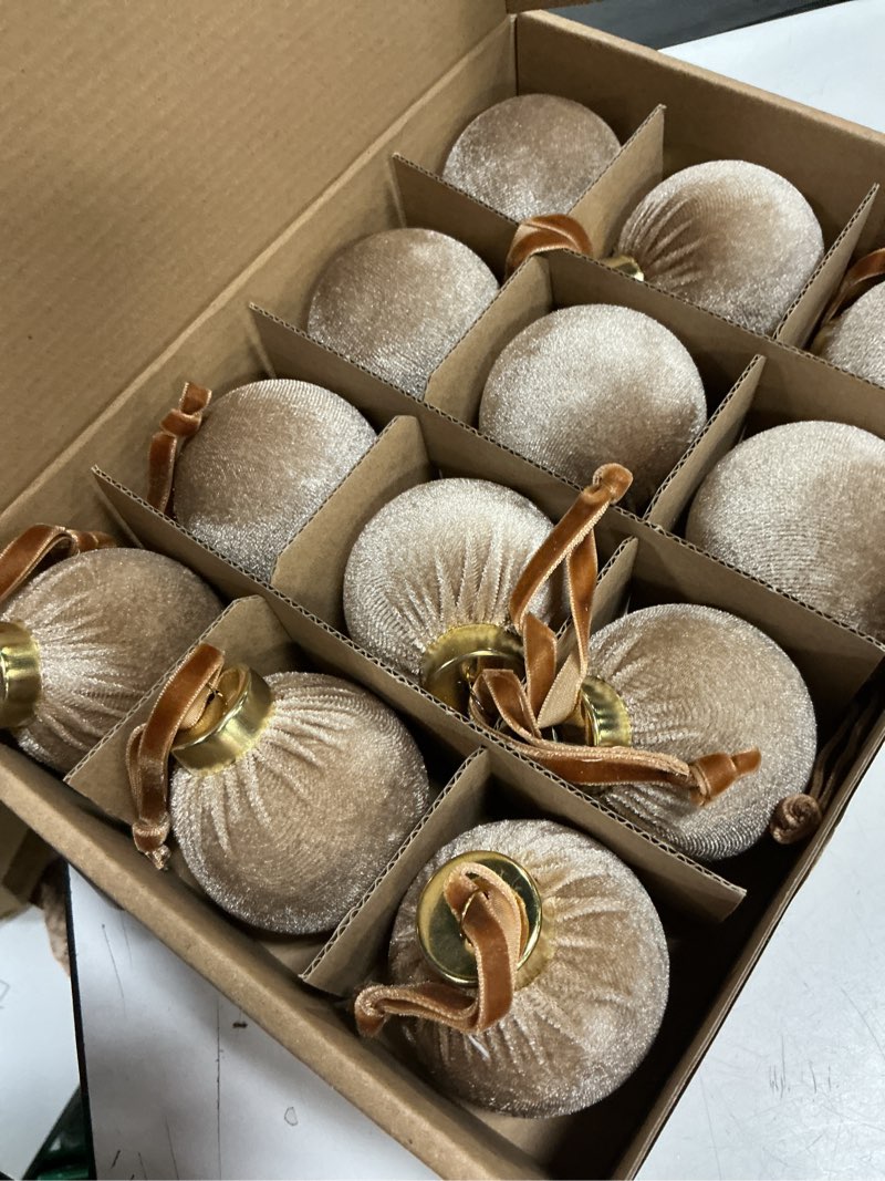 Condition photo showing Good Condition for 12 Pack Velvet Christmas Ball Ornaments Large Flocked Christmas Tree Hanging Ornaments Shatterproof Flocked Decorative Balls for Xmas Tree Decorations (Earth Brown, 2.36inch) Earth Brown 2.36inch