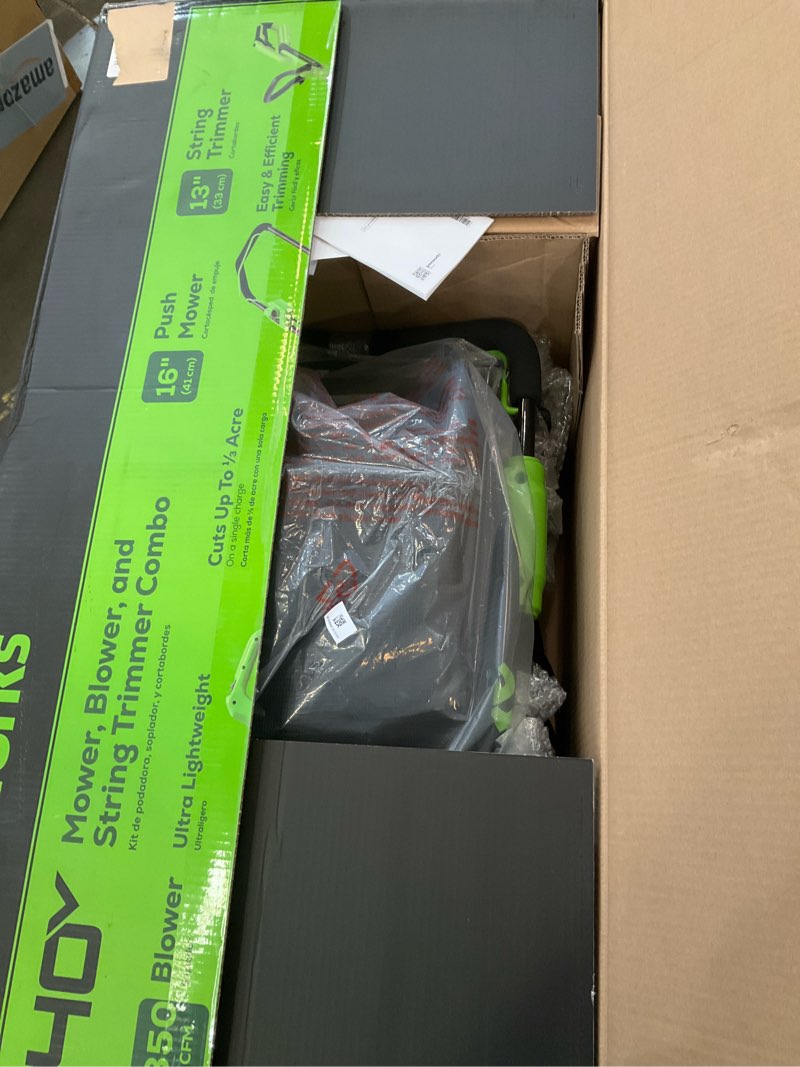 Condition photo showing As Is for greenworks 40v 16" brushless cordless (push) lawn mower + blower (350 cfm) + 13" string trimmer (bonus spools), 4.0ah + 2.0ah battery and charger included (75+ compatible tools) 3 piece combo (4.0ah + 2.0ah)