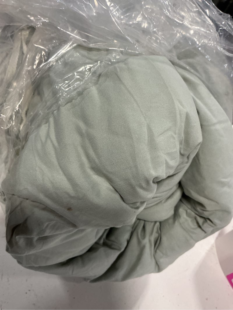 Condition photo showing As Is for sage green queen size comforter set striped 100% soft washed microfiber jacquard 3 pieces striped bedding sets green white comforter queen for all seasons and 2 pillowcases comfort breathable sage green striped queen(90"x90")