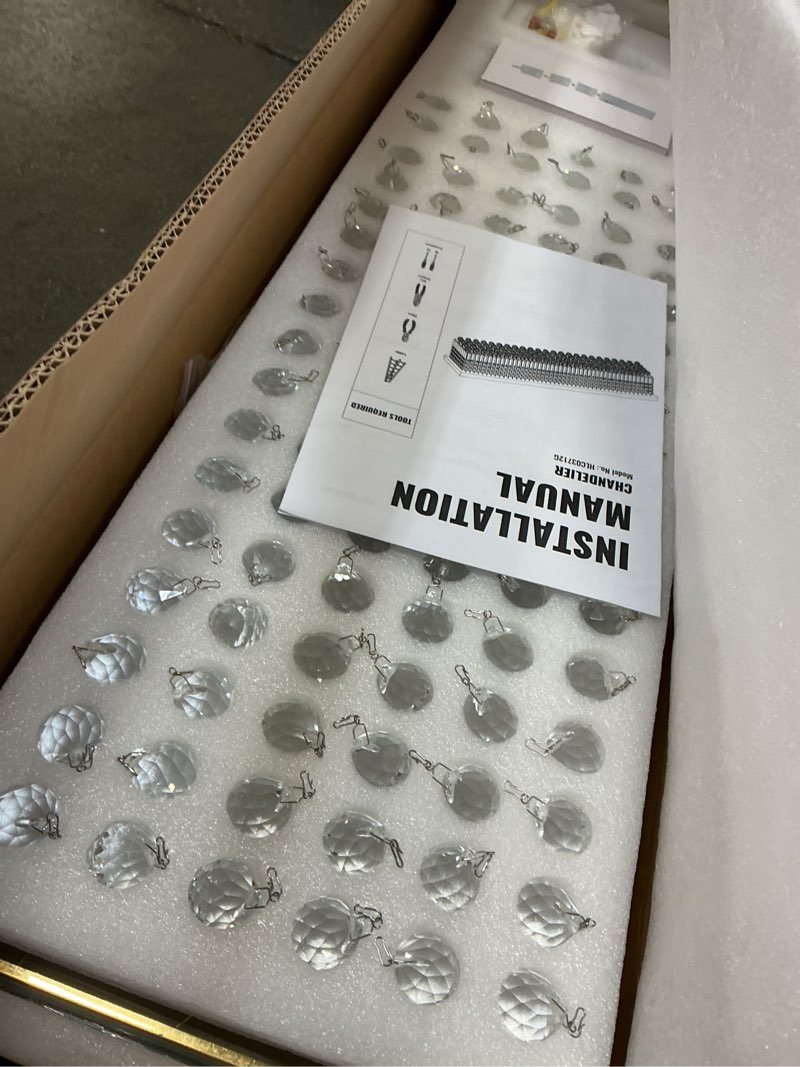Condition photo showing Good Condition for Siljoy 10-Light Modern Crystal Chandelier, Luxury Gold Rectangular Flush Mount Ceiling Light, Large Rectangle Raindrop Chandelier for Living Dining Room Kitchen Island Bar L47'' x W10'' x H10'' Flush Mount Style L47''(10-Lights)
