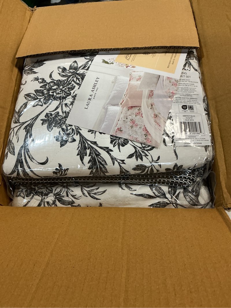 Condition photo showing New/Like New for laura ashley - king quilt set, soft cotton bedding with reversible design, medium weight for year round use, 3 piece bed set with matching pillowcases (amberley black/white) black/white king