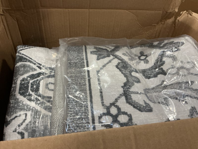 Condition photo showing New/Like New for Lessymo 8 x 10 Area Rugs for Living Room- Machine Washable Area Rugs Boho Faux Wool Low Pile Area Rug for Bedroom, Floral Medallion Vintage Rugs with Non-Slip Rubber, Kid & Pet Friendly, Grey White