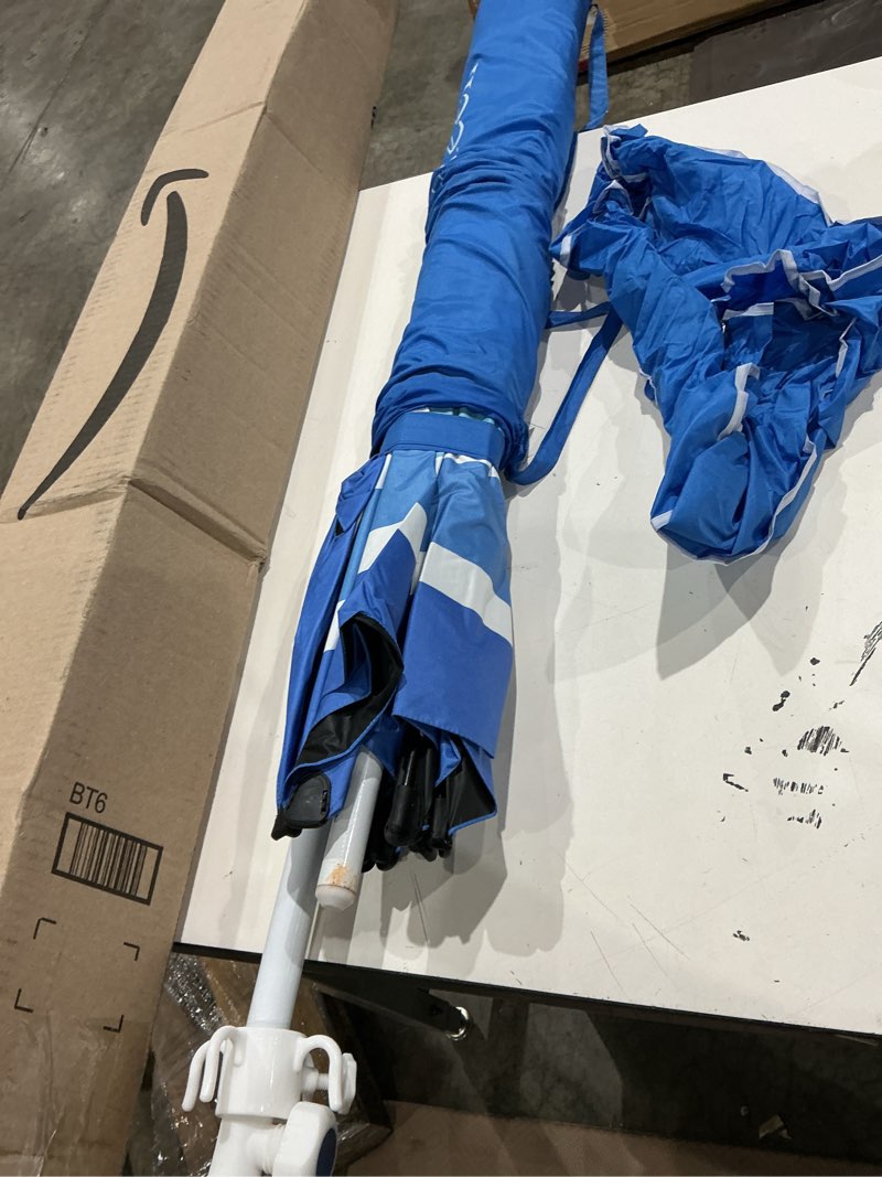 Condition photo showing As Is for fisqueen 8ft large beach umbrella with wind resistance sand anchor sand bag, portable outdoor umbrella with upf50+ uv protection, tilt sun shelter for beach, patio, yard