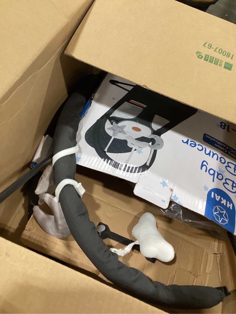 Condition photo showing As Is for HKAI Baby Bouncer, Portable Baby Bouncer Seat for Babies 0-18 Months, 100% Cotton Fabrics, 3 Modes of use with Rocker and Stationary Options, Infant Rocker Chair with Hanging Toys-Dark Grey