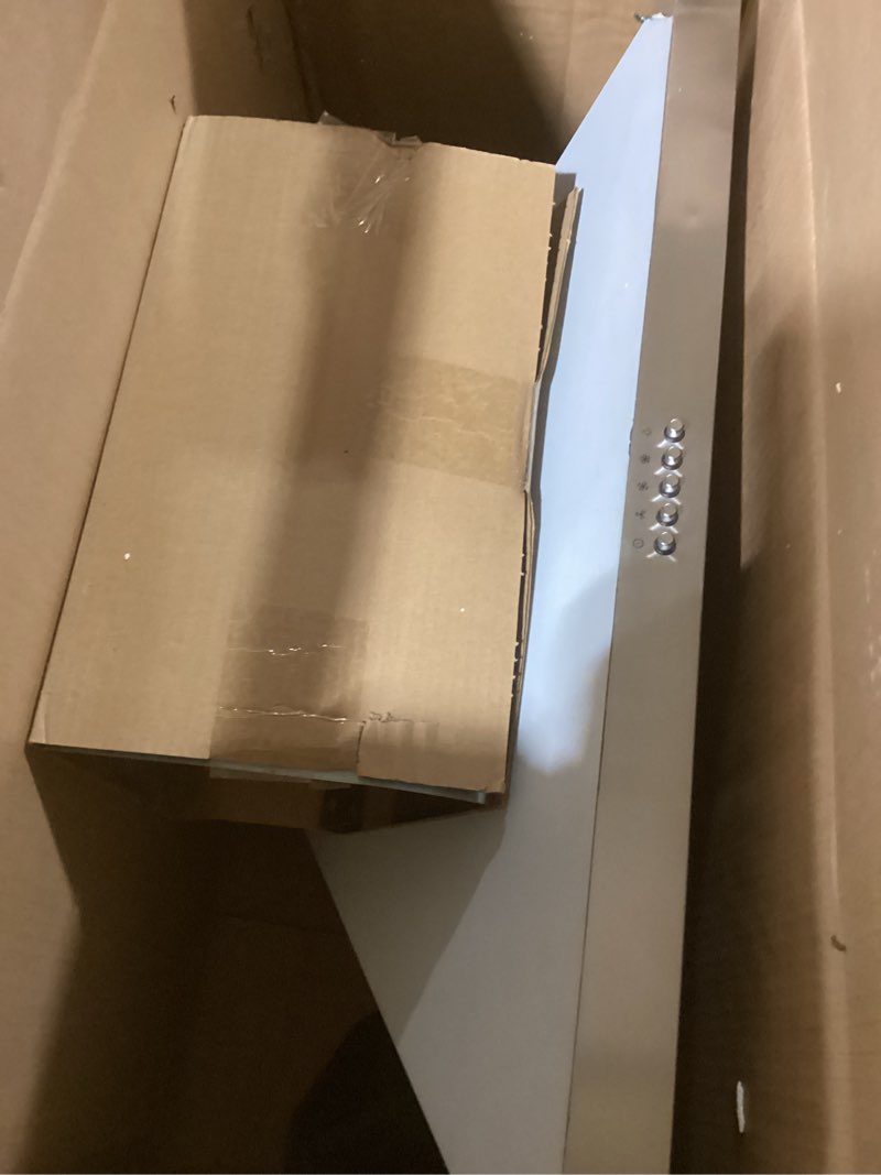 Condition photo showing As Is for COMFEE' CVP30W6AST Ducted Pyramid Range 450 CFM Stainless Steel Wall Mount Vent Hood with 3 Speed Exhaust Fan, 5-Layer Aluminum Permanent Filters, Two LED Lights, Convertible to Ductless, 30 inches Button Control 30 inch