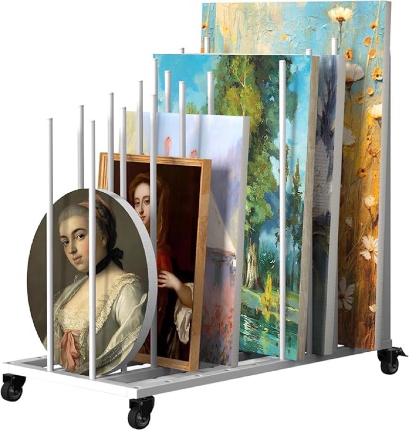 Estante de almacenamiento de lienzo con ruedas, soporte de secado de obras de arte con marco de metal ajustable, soporte de exhibición de marco vertical grande para tableros de pintura, imagen