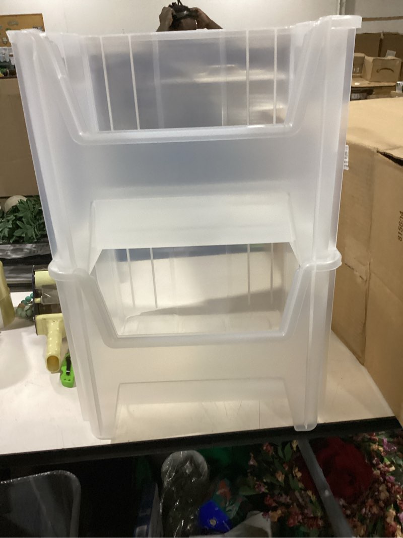 Condition photo showing As Is for akro-mils 13018 stak-n-store stackable storage bins, heavy duty garage storage containers, open front plastic organizer for tools, shelves, closet organizer, 17-1/2" x 16-1/2" x 12-1/2", clear, 2-pack clear 12 gallons