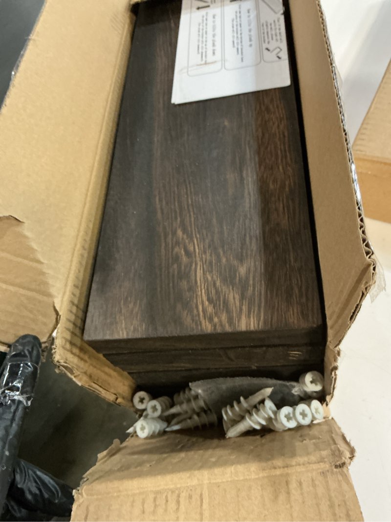 Condition photo showing Good Condition for Wood Floating Shelves for Wall Decor, Rustic Wall Shelves for Bedroom Bathroom Kitchen Living Room, Set of 6 Walnut 17inch Walnut