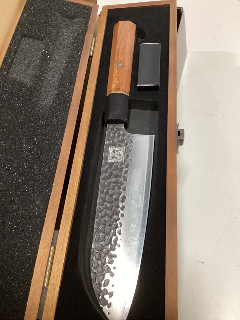 Condition photo showing Good Condition for enoking japanese santoku knife, 7 inch chef knife 5 layer 9cr18mov clad steel for meat cutting, super sharp kitchen cooking knife with ebony bolster african rosewood handle -wooden box santoku knife with wooden box