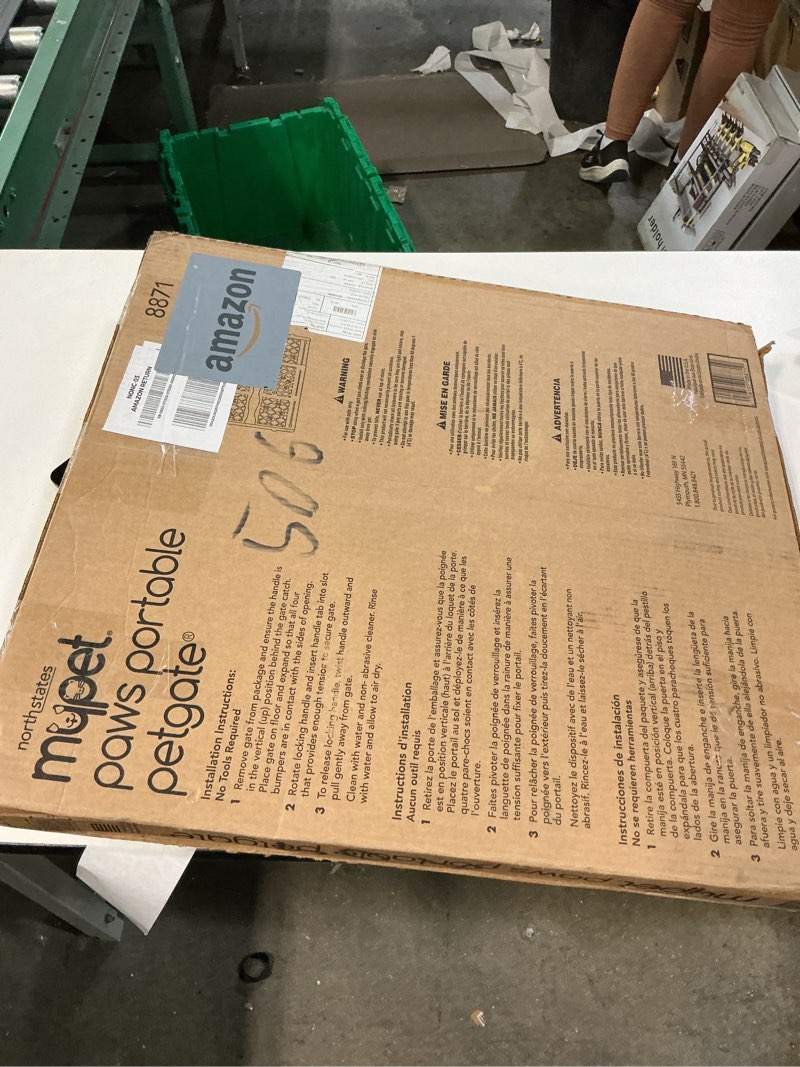 Condition photo showing As Is for MYPET North States Paws Portable Pet Gate: 26-40" Wide. Pressure Mount. No Tools Needed. Made in USA. Dog Gate 23" Tall, Expandable, Durable Dog Gates for Doorways, Light Gray