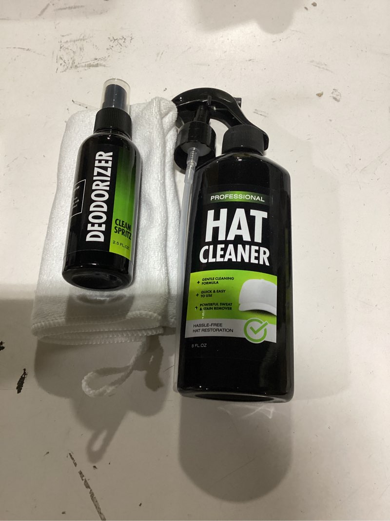 Condition photo showing New/Like New for 4-in-1 professional hat cleaning kit - removes dirt and stains, gentle cleaner for baseball caps, cowboy, and felt hats - includes hat deodorizer, brush, and microfiber cloth